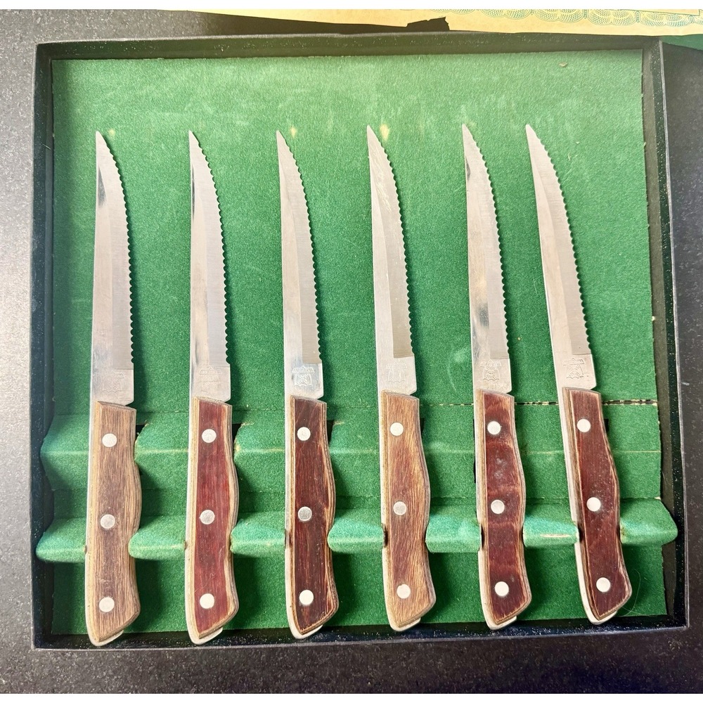 Vintage Maxam Steel Steak Knife Set 6pc Serrated Blades Japan Wood Handles